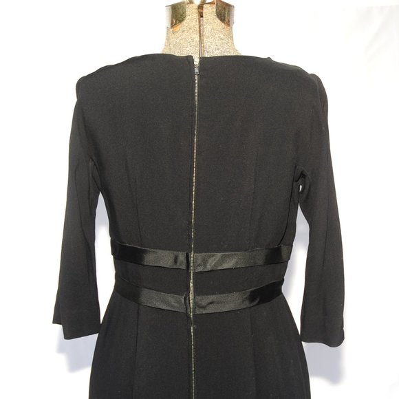 Vintage 50's 60's Black Crepe Cocktail Party Dress Ribbon Rosettes SM by Pavelle - Picture 8 of 10